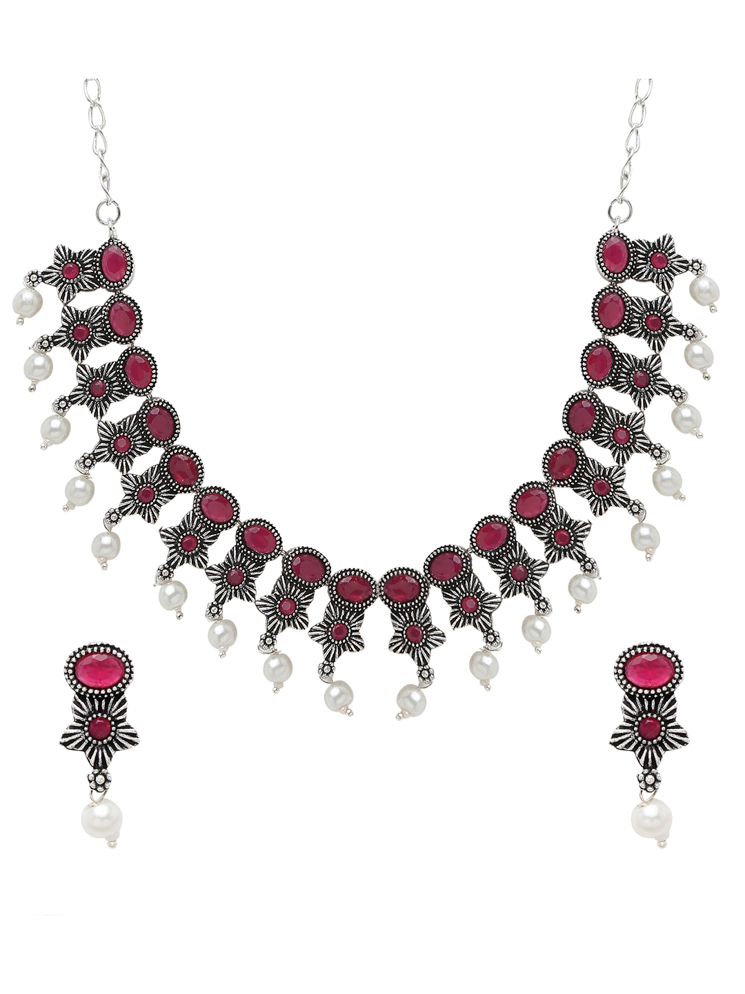 YouBella Jewellery Oxidised Silver Necklace Jewellery Set with Earrings for Girls and Women (Red) (YBNK_50523)